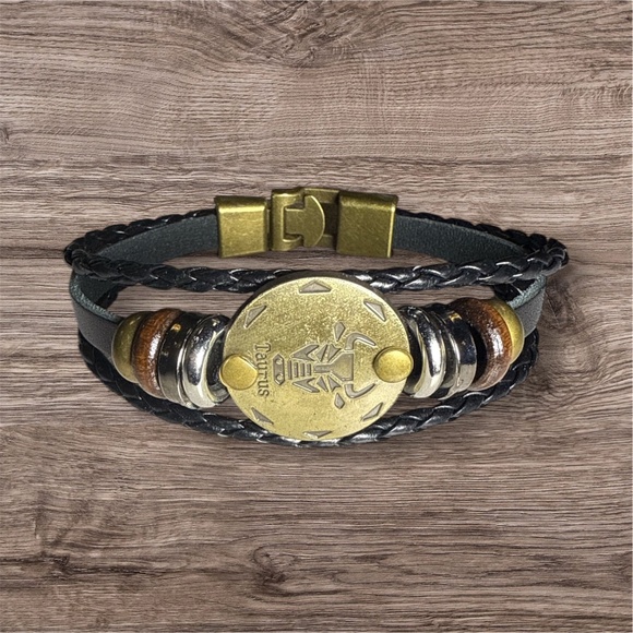 Taurus zodiac bracelet with wood beads & alloy clasp - Picture 2 of 2